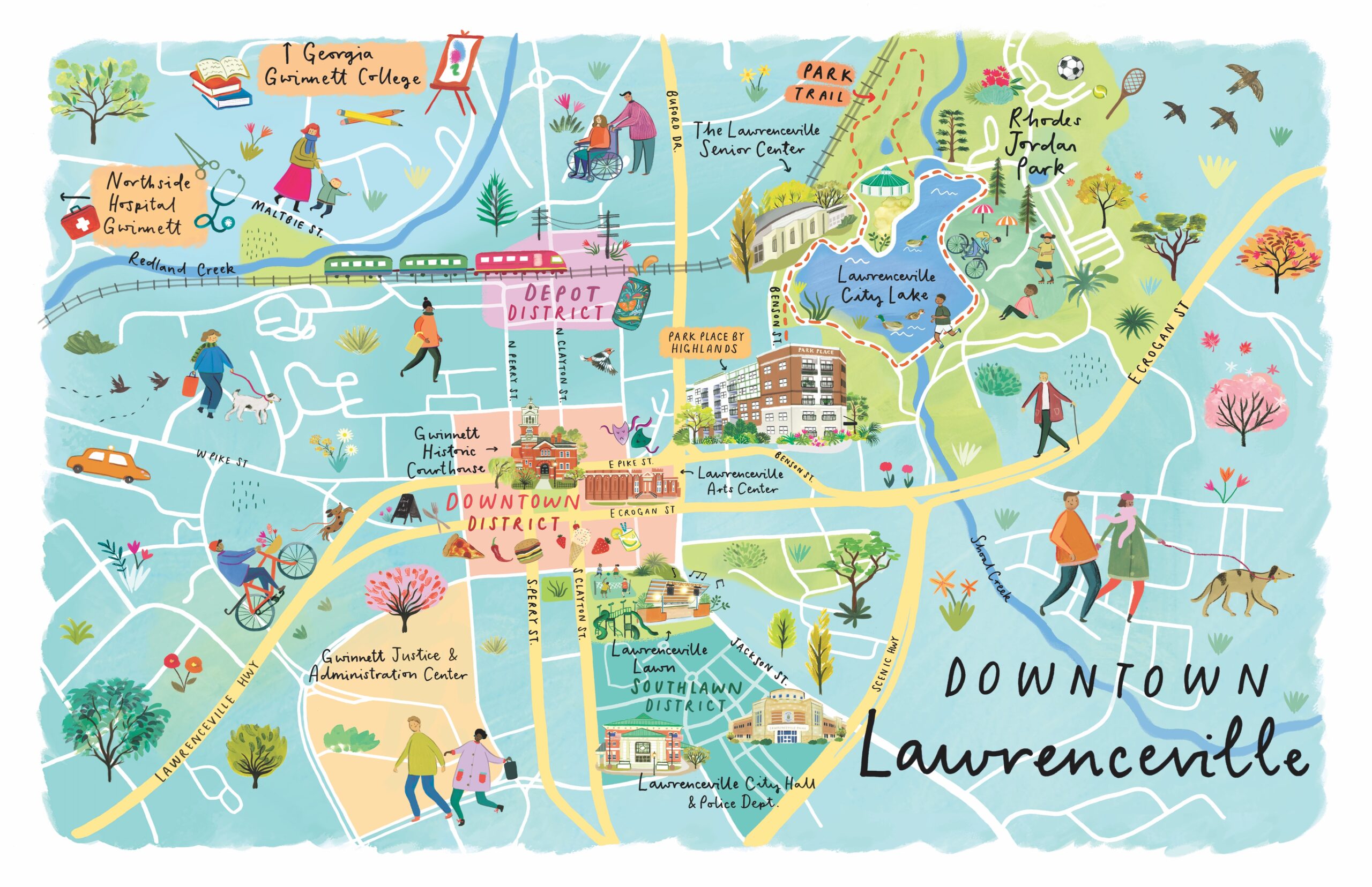 Illustrated map showing Park Place by Highlands between Downtown Lawrenceville and Rhodes Jordan Park