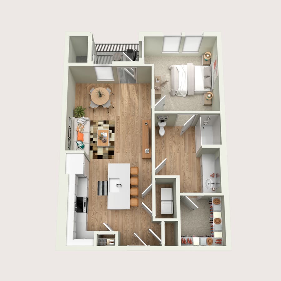 Floor plan of the Avonlea at Park Place by Highlands: one bedroom and one bathroom, open kitchen with an island, dining and living area, walk-in closet, laundry closet and a balcony
