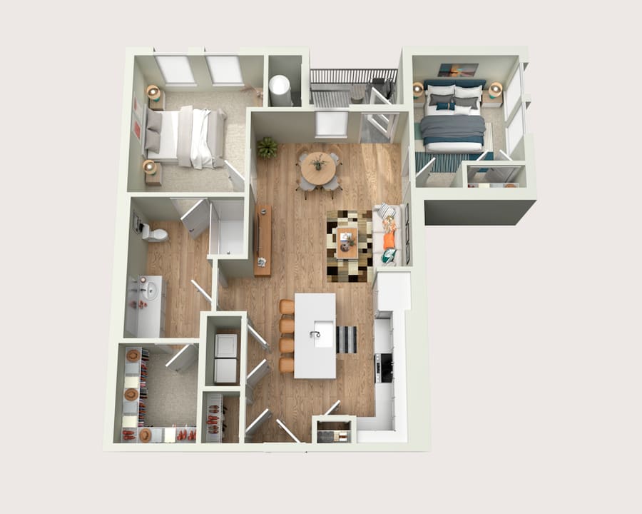 Floor plan of the Barton at Park Place by Highlands: two bedrooms at opposite ends, two bathrooms, an open kitchen with an island, dining and living area, walk-in closet and a balcony