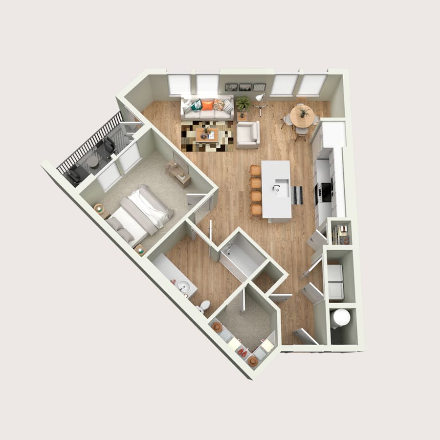 Floor plan of the Hartfield at Park Place by Highlands: one bedroom and one bathroom with an angled open living and dining area, kitchen island, walk-in closet, laundry closet and a balcony off the bedroom