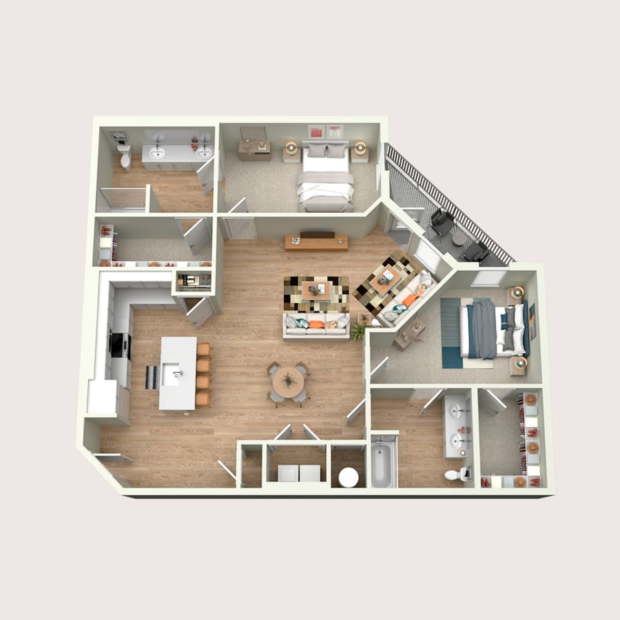 Floor plan of the Mansfield at Park Place by Highlands: two bedrooms at opposite ends, two bathrooms, a kitchen island, dining and living area, walk-in closets, a laundry closet and a balcony