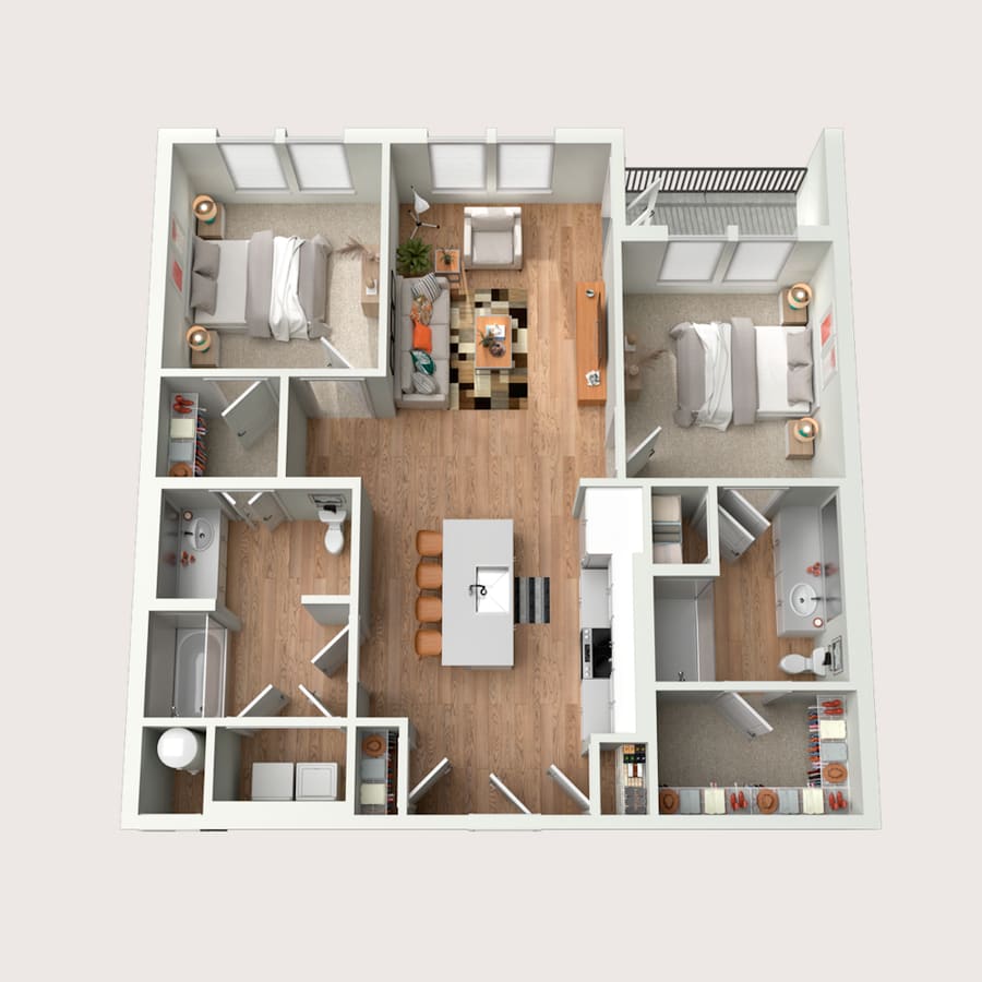 Floor plan of the Pemberley at Park Place by Highlands: two bedrooms at opposite ends, two bathrooms including one with a tub, a kitchen island, laundry closet, walk-in closets and a balcony