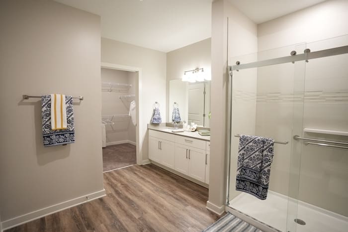 Bathroom in an apartment at Park Place by Highlands with a glass-enclosed stand-up shower, a long vanity and a walk-in closet beyond