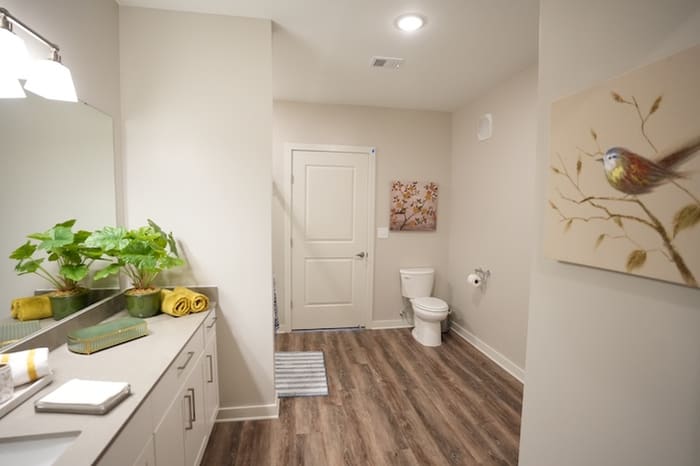 Apartment bathroom vanity at Park Place by Highlands with a large mirror, task lighting and cabinet storage